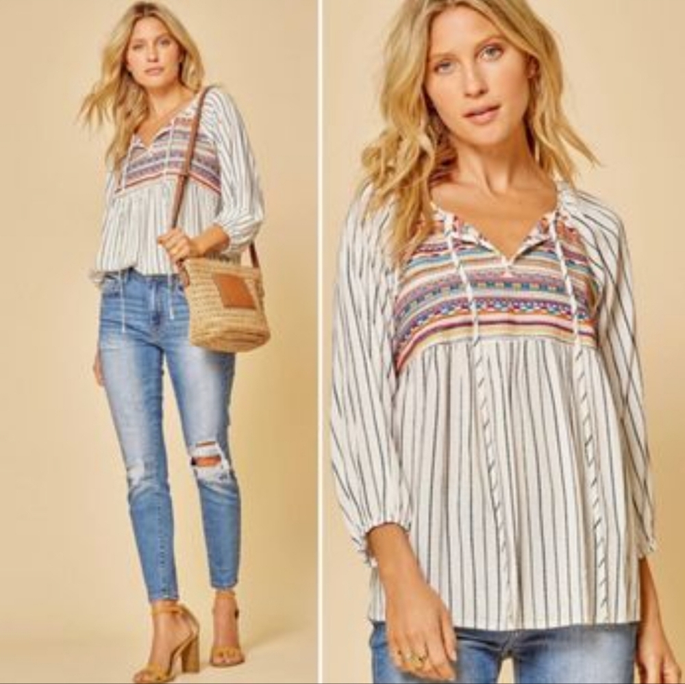 Savanna Jane Large Top Shirt Blouse Embroidered Womens 3/4 Sleeve Peasant